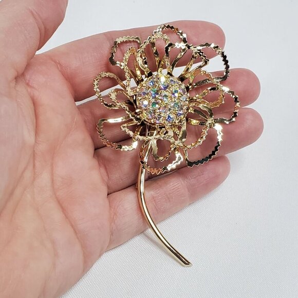 VTG Sarah Coventry Gold-Tone "Allusion" Filigree Flower Brooch Rhinestones 1968 - Picture 7 of 11